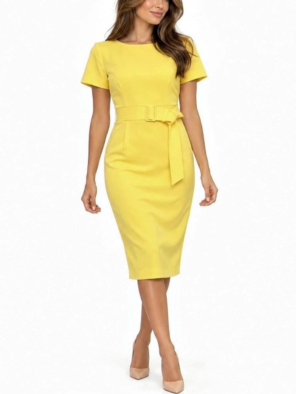 Calvin Klein Short Sleeve Belted Sheath Dress Midi Yellow | Size 8